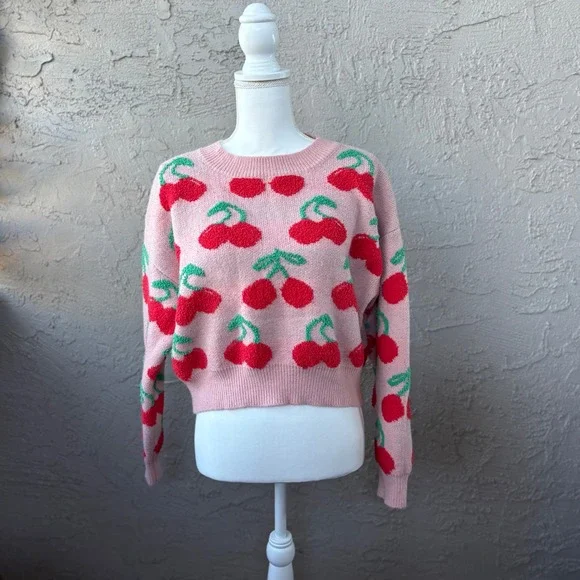 Womens Pink Cherry Print Long Sleeve Crew Neck Knit Crop Top Sweater - Picture 1 of 7